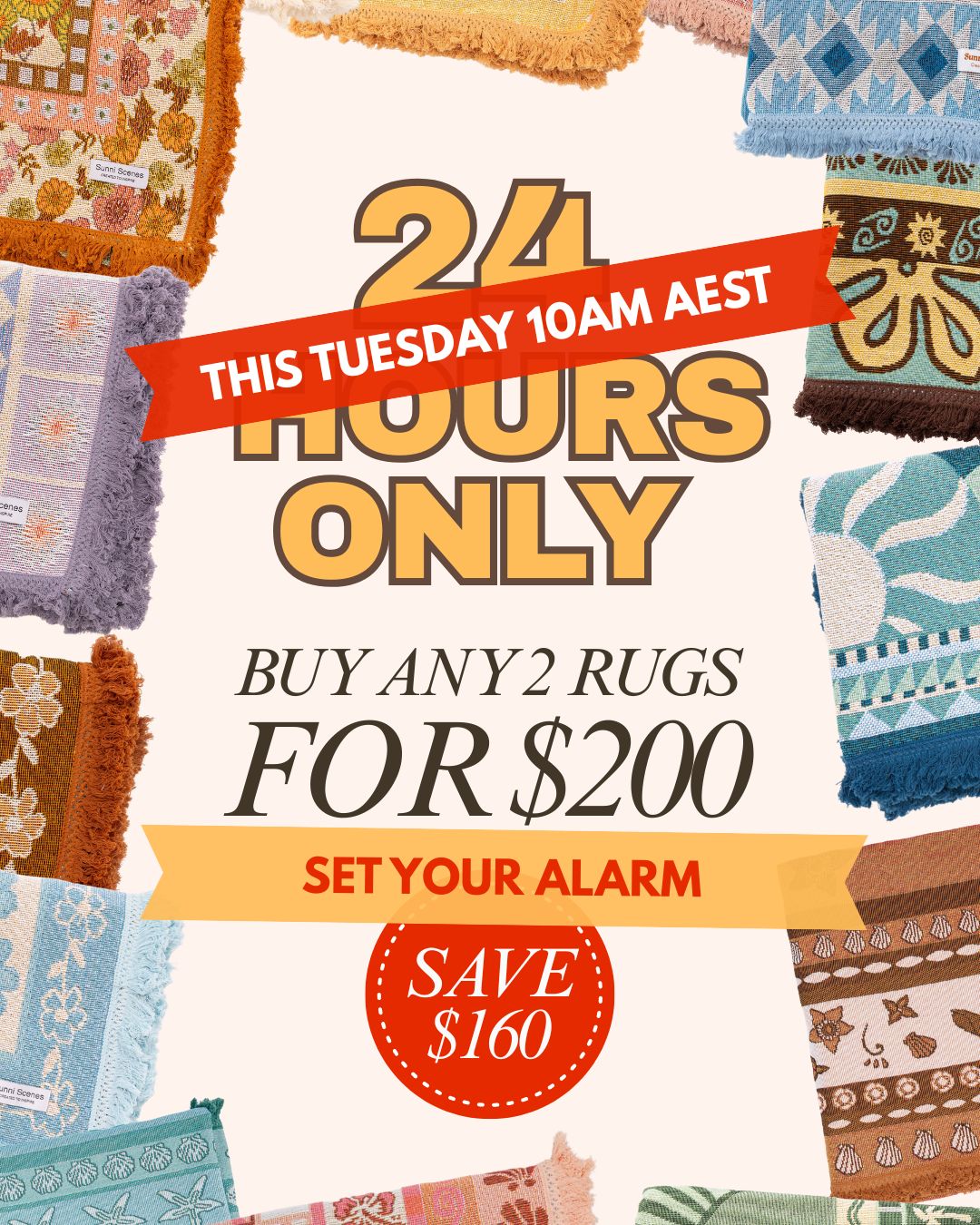 Buy any 2 rugs for $200 - 24 hours only, this Tuesday 10am AEST